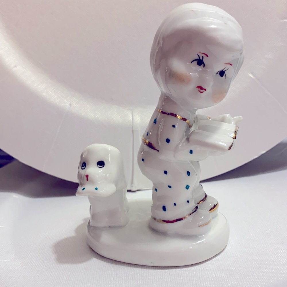 Vintage Porcelain Boy with book and Dog